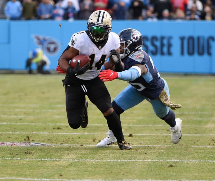New Orleans Saints running back Mark Ingram II (14) runs the ball against the Tennessee Titans. Mandatory Credit: Steve Roberts-USA TODAY